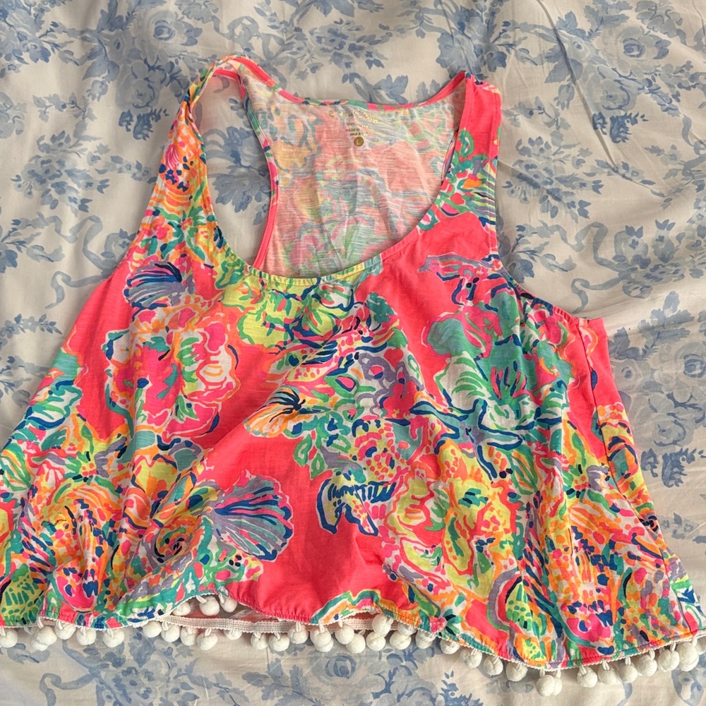 Lilly Pulitzer Colorful Floral Tank Top with Pom Pom Trim